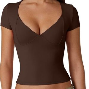 Women's V Neck Short Sleeve T Shirts Double Lined Tee Seamed Cup Going Out Tops